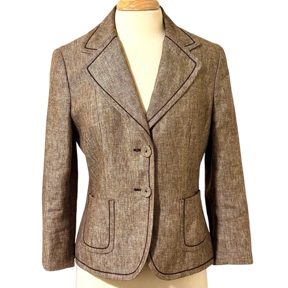 Ann Taylor heavy linen brown blazer with dark brown stitching and patch pockets - Picture 1 of 15
